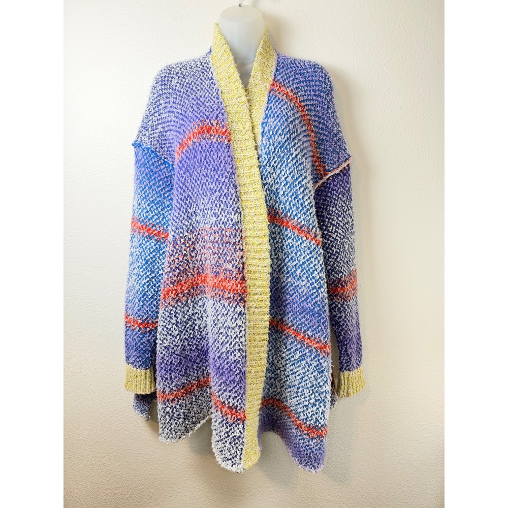 Free People Womens M Blue Purple Yellow Striped Chunky Open Front Cardigan